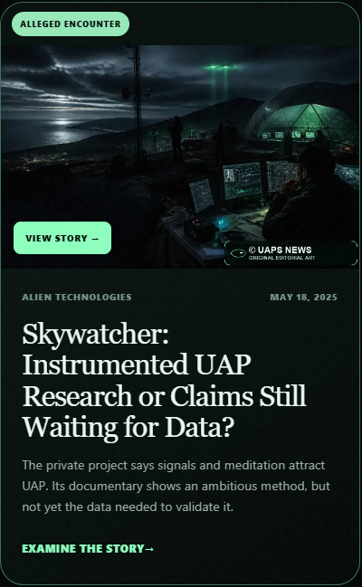 UapsNews's tweet photo. Skywatcher: Instrumented UAP Research or Claims Still Waiting for Data?
Skywatcher says it can attract and classify UAP. We examine its nine classes, sensors, videos and the raw evidence still needed for validation.

https://t.co/lIxmzZXKII

#disclosure #ufos #ufo #uap #uapsnews https://t.co/gjQBu9SK8V