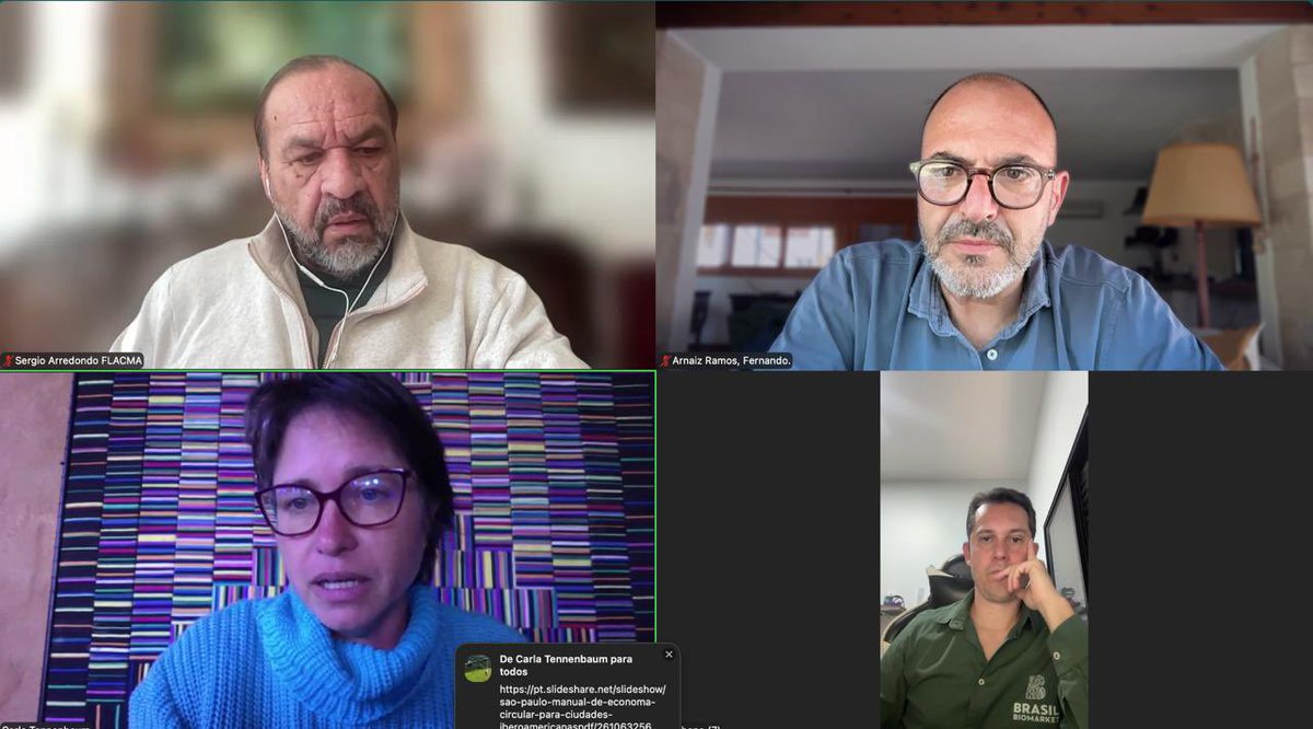 FLACMA_'s tweet photo. Reunión con Carla Tennenbaum🇧🇷, Presidenta de Consejo Consultivo de Instituto Noz, con quienes detonamos alianza en economía circular en ciudades

Encabeza SrioTecnico de nuestra Red Latinoamericana de CdsCirculares, @gustavolcezario🇧🇷, y participan nuestro SrioGral y SrioAdjunto https://t.co/RMWi60Pv24