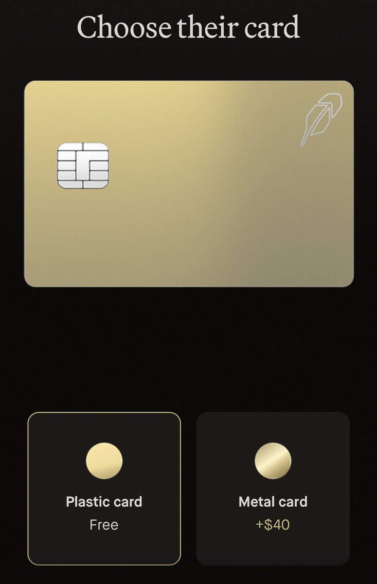CGInvesting10's tweet photo. Trying to set my wife up to get a physical $HOOD Gold Card…

Just figured out that you have to pay $40 for a metal card 

That’s insane https://t.co/WwsESqQ92P