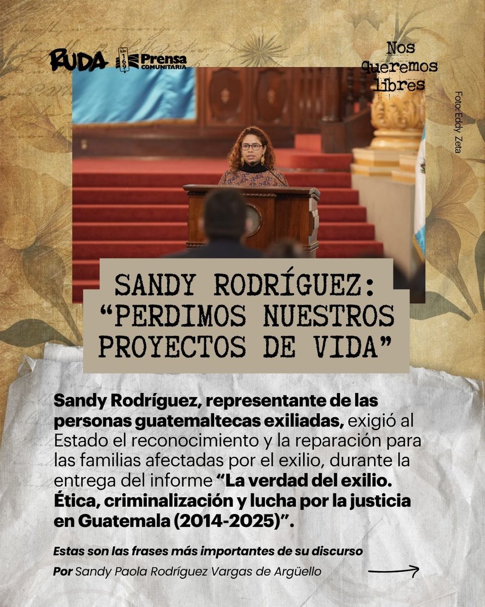 PrensaComunitar's tweet photo. #InformeExilio I Durante la entrega del informe La verdad del exilio, Sandy Rodríguez, representante de las personas guatemaltecas exiliadas en México, advirtió que las cifras oficiales no reconocen a todas las familias afectadas por la persecución y el destierro.
Desliza para conocer su mensaje. ➡️