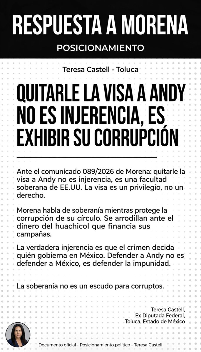 TeresaCastellMx's tweet photo. Presidenta @Claudiashein, le respondo:

Quitarle la visa a su protegido Andy López Beltrán NO es injerencia.

Defender a Andy no es defender a México. Es defender la impunidad.

La soberanía no es un escudo para corruptos.

Teresa Castell - Toluca

#Huachicol #Andy #Soberanía #MorenaDefiendeDelincuentes