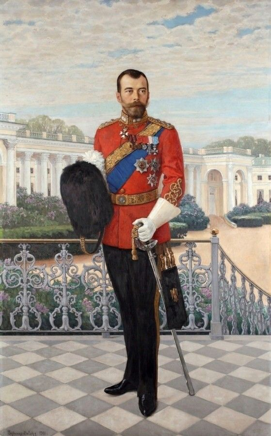 Uniformologist's tweet photo. Tsar Nicholas II in the uniform of the Royal Scots Grey regiment as Colonel-in-Chief by Nikolai Bogdanov-Belsky (c. 1908). https://t.co/AIMTYrbYpC