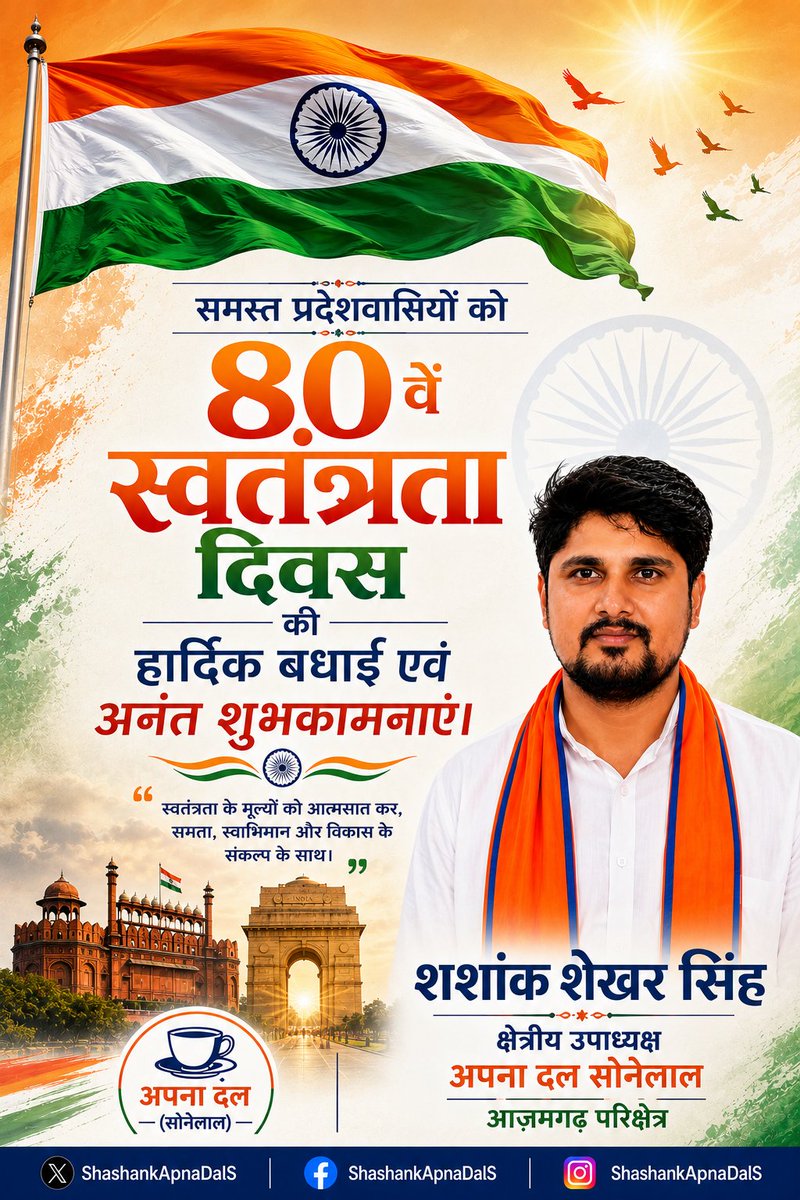 ShashankApnaDal's tweet photo. 🇮🇳 समस्त देश एवं प्रदेशवासियों को 80वें स्वतंत्रता दिवस की हार्दिक बधाई एवं अनंत शुभकामनाएं।
आइए, राष्ट्र की एकता, अखंडता और समृद्धि के लिए संकल्पित हों।
वंदे मातरम् 🇮🇳 जय हिन्द!

#स्वतंत्रतादिवस #IndependenceDay #JaiHind https://t.co/O8EBDqNep6