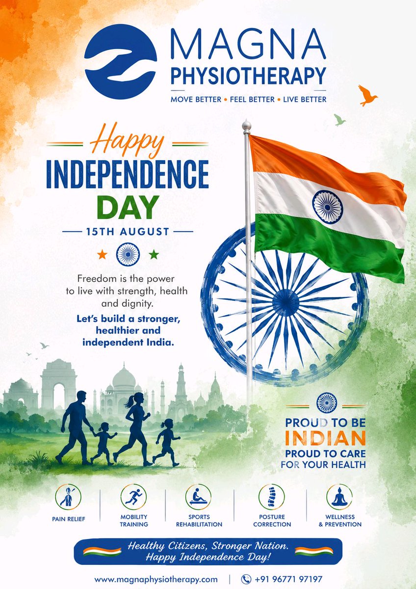 sencrazy86's tweet photo. Magna Physiotherapy 
9677197197

Wishing you a Happy Independence Day! 🇮🇳 Let's strengthen our bodies and our nation together. 

#IndependenceDay #IndiaAtHeart #MagnaPhysiotherapy #HealthForAll #Freedom https://t.co/vsesf7CYrG