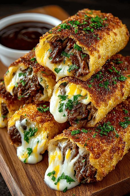 ann_ann886's tweet photo. Philly Cheesesteak Egg Rolls

Serves: 4–6 • Makes: 8–10 egg rolls • Prep: 20 minutes • Cook: 15 minutes • Total: about 35 minutes

Ingredients
For the filling
1 lb thinly sliced ribeye, sirloin, or shaved beef
1 tbsp olive oil
1 tbsp butter
1 small onion, thinly sliced
1 small green bell pepper, thinly sliced
2 garlic cloves, minced
1 tsp Worcestershire sauce
1/2 tsp salt
1/2 tsp black pepper
1/2 tsp smoked paprika, optional
6–8 slices provolone cheese, or 1 1/2 cups shredded provolone/mozzarella
For the rolls
8–10 egg roll wrappers
1 egg, beaten, for sealing
Oil, for frying
Optional dipping sauce
Cheese sauce
Ranch
Spicy mayo
BBQ sauce

Instructions
1. Cook the filling
Heat olive oil and butter in a skillet over medium-high heat.
Add onion and bell pepper. Cook 4–5 minutes until softened and lightly browned.
Add garlic and cook 20 seconds.
Add the beef, Worcestershire sauce, salt, pepper, and paprika if using.
Cook until the beef is browned and most of the moisture is gone, about 3–4 minutes.
Let the filling cool slightly so the wrappers stay crisp.
2. Fill the egg rolls
Lay one wrapper in a diamond shape.
Spoon 2–3 tablespoons of filling near the bottom center.
Top with a half slice or a small handful of cheese.
Fold the bottom corner over the filling, then fold in the sides and roll tightly.
Brush the top corner with beaten egg and seal.
Repeat with the remaining wrappers.
3. Fry
Heat oil in a deep skillet or pot to 350°F (175°C).
Fry the egg rolls in batches for 2–3 minutes per side, until golden brown and crisp.
Transfer to a paper towel-lined plate or wire rack.
4. Serve
Serve hot while the cheese is melty, with your favorite dipping sauce.
Air fryer option
Spray the egg rolls lightly with oil.
Air fry at 390°F (200°C) for 8–10 minutes, turning halfway, until crisp and golden.

Tips
Let the filling cool a little before rolling so the wrappers do not get soggy.
Don’t overfill or the rolls can burst while frying.
Shaved beef works best for that classic cheesesteak texture.
Provolone gives the most authentic flavor, but mozzarella gives the best cheese pull.

Easy variations
Add sautéed mushrooms for extra richness.
Use pepper jack for a spicy twist.
Bake at 425°F (220°C) for 15–18 minutes if you prefer oven-baked.
