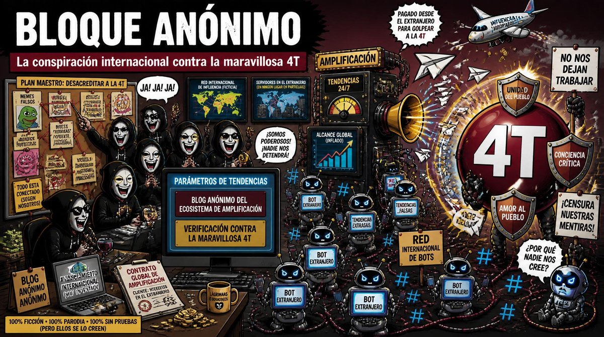 DeniseMeadeG's tweet photo. Muy buenos días, #BloqueAnonimo.

🔊 ¿Listos para nuestra ardua jornada de conspiración digital contra la maravillosa 4T?

👋 Saludemos a nuestros entrañables bots, esos pequeños duendes del ecosistema digital que amplifican nuestra perversa narrativa para hacer tendencias y conspirar desde el extranjero.

📋  Los tres pendientes de hoy:

1⃣Perseguir a los honestísimos políticos de Morena, indefensos ante nuestra cruel narrativa.

2⃣Averiguar por qué la austeridad republicana siempre viaja en primera clase.

3⃣Preguntar quién se llevó la seguridad, la transparencia y los resultados. Tal vez también fueron víctimas de nuestra conspiración conservadora.

🔴 Importante recordar: para Morena, toda evidencia incómoda es mentira derechista, toda crítica es traición y toda pregunta, un ataque a la transformación. 

😈 ¡Ajusten los bots! Hoy volveremos a lastimar a la gran conspiración oficial, esa criatura tan sensible que se desmaya cada vez que los mencionamos.

Y nada de que es sábado y descanso, ¿eh?

¡A darle, pues!