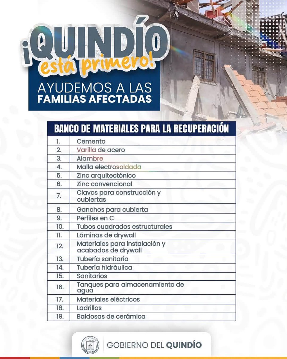 casaquindio's tweet photo. #FuerzaQuindío I ❤️ ¡Ayudemos a las familias afectadas del Quindío!

Dona materiales para reconstruir sus hogares o alimentos no perecederos. Lleva tus aportes a nuestros centros de acopio.

Cada aporte cuenta. Hoy, más que nunca, necesitamos estar unidos.💚

Quindío está primero https://t.co/q6UemjScHA