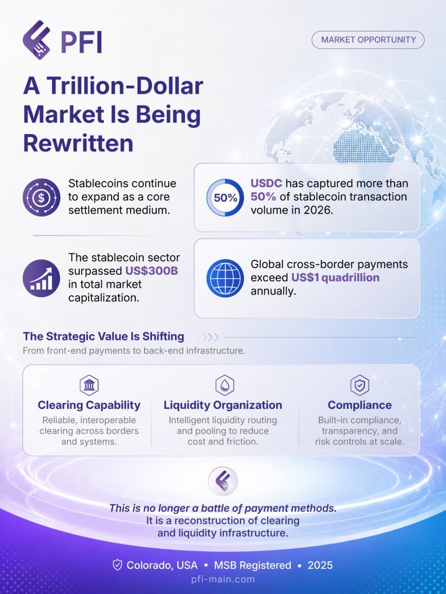 PFI_Group's tweet photo. PFI｜A Trillion-Dollar Market Is Being Rewritten 🌐

The role of stablecoins is expanding beyond payments and becoming part of the infrastructure that supports global settlement.

As cross-border activity continues to grow, strategic value is shifting from front-end payment methods to the capabilities behind them: clearing, liquidity organization, and compliance.

The next chapter will not be defined only by how people pay, but by how reliably value moves across networks, markets, and borders.

➡️ Explore PFI: https://t.co/stH1emwjUJ