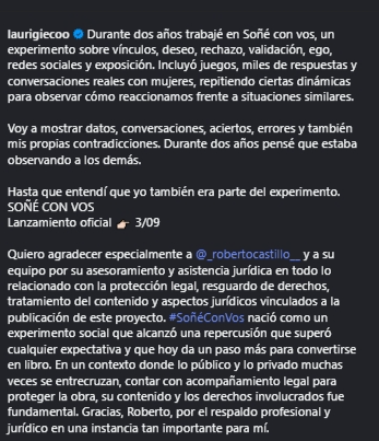 Comunicar_Ar's tweet photo. 🔴RESPONDIÓ LAURI GIECO: ANUNCIÓ SU NUEVO LIBRO "SOÑÉ CON VOS" Y DIJO QUE LO QUE HIZO FUE UN "EXPERIMENTO SOCIAL"

👉🏻Tal y como aventuraron en Tiktok,"Tiro un facto y me voy" dijo que todos sus chat donde insulta mujeres, pide relaciones sin cuidado, etc.fue un EXPERIMENTO SOCIAL https://t.co/qZ6l84oVU0