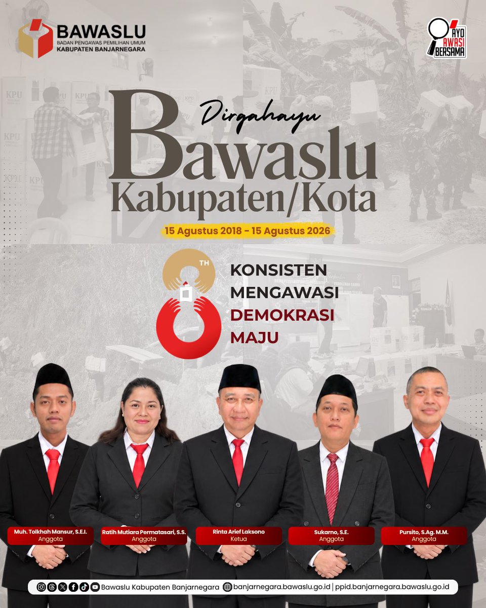 bawaslu_bna's tweet photo. #SahabatBawaslu
Selamat Hari Jadi ke-8 Bawaslu Kabupaten/Kota se-Indonesia, Sabtu 15 Agustus 2026. Konsisten Mengawasi, Demokrasi Maju. Bersama Rakyat Awasi Pemilu, Bersama Bawaslu Tegakkan Keadilan.
#HUTBawasluKabupatenKota
#BawasluBanjarnegara
#BawasluJateng
#Bawaslu https://t.co/MCvEOsO1aL