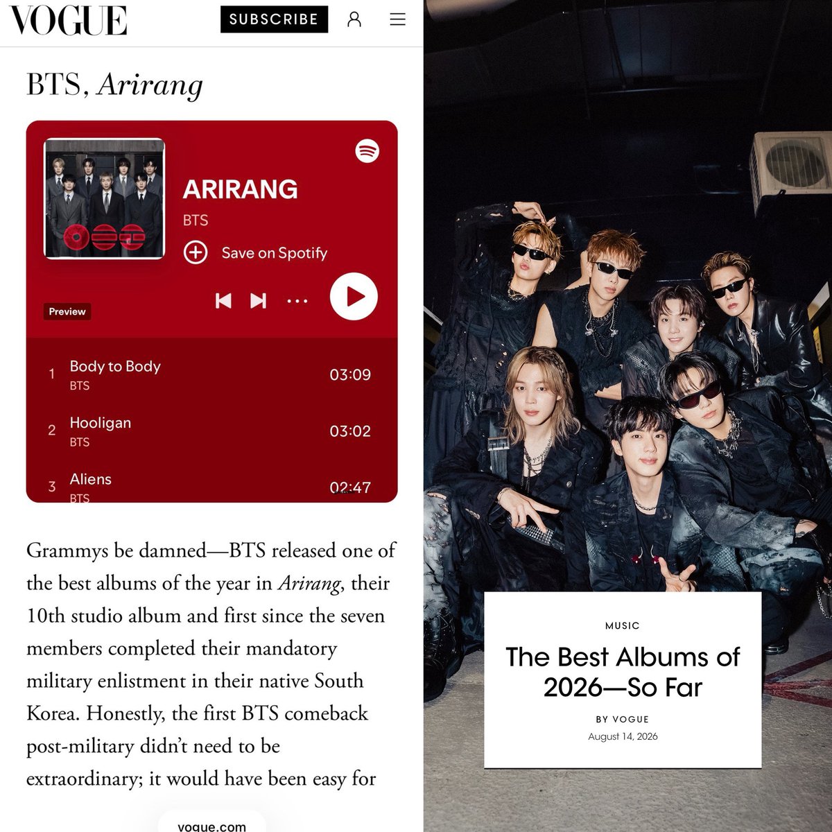 goeskthh's tweet photo. “Al diablo con los Grammy/que se jodan los Grammy: #BTS lanzó uno de los mejores álbumes del año con Arirang.”

ESA FRASE DE ENTRADA?!?!? DÉJALO ASÍ VOGUE, ASÍ TAL CUAL ME LO VOY A TATUAR. 😭🔥 https://t.co/LE5uyKs4vj