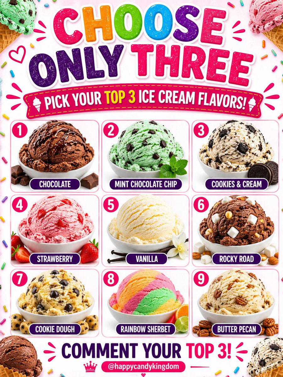 happycandyking's tweet photo. 🍦 CHOOSE ONLY THREE! 🍦

You can only keep 3 ice cream flavors forever… which ones are you picking? 👀

Drop the numbers of your top 3 in the comments! 👇🍨

#IceCreamLover #IceCream #SweetTreats #DessertLover #HappyCandyKingdom https://t.co/P0SciR3jMI