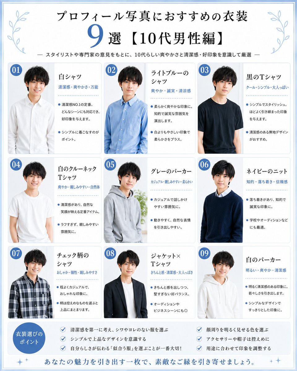 voice_auditions's tweet photo. 【10代男性向け✨書類通過率を上げる！オーディション写真のおすすめ衣装9選】
スタイリストや専門家の意見をもとに厳選した【好印象衣装9選】をまとめました✨

右下の【保存ボタン】を押してストックしておきましょう🔖

#俳優志望 #タレント志望 https://t.co/70vHAamibV