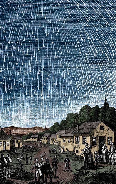 archeohistories's tweet photo. In the early hours of November 12, 1833, the skies over North America erupted in one of the most spectacular meteor storms ever recorded. Witnesses described the heavens as a “snowstorm of fire,” with an estimated 100,000 meteors streaking across the sky every hour. 

For many people, farmers, enslaved families, travelers, and townsfolk, the sight was unlike anything they had ever imagined. With no scientific explanation available to the average person, countless Americans genuinely believed the world was ending.

The event was later identified as an exceptionally intense outburst of the Leonid meteor shower, caused by Earth passing through debris from the comet Tempel‑Tuttle. But in 1833, astronomy was still developing, and meteor showers were not widely understood.
 
The panic was so widespread that preachers delivered impromptu sermons in the streets, families gathered to pray, and enslaved people on Southern plantations interpreted the sky as a sign of long‑awaited liberation. The night became one of the most documented celestial events in early American history.

Its cultural impact was enormous. The storm inspired artists, writers, and scientists, most famously Adolf Vollmy, whose dramatic woodcut captured terrified onlookers beneath a sky overflowing with falling stars. 

The event also pushed astronomy forward: it helped scientists realize that meteor showers were predictable, recurring phenomena tied to cometary orbits. 

What began as a night of fear ultimately became a turning point in understanding the cosmos, transforming a moment of collective panic into a milestone in scientific discovery.

The 1833 Leonid storm directly helped spark the birth of modern meteor science: it convinced astronomer Denison Olmsted to investigate the event systematically, leading him to correctly propose, years before it was widely accepted, that meteor showers originate from space, not Earth’s atmosphere. His work turned a night of mass panic into the foundation of meteor astronomy, making the 1833 storm one of the rare moments where public terror accidentally advanced scientific understanding.

#archaeohistories