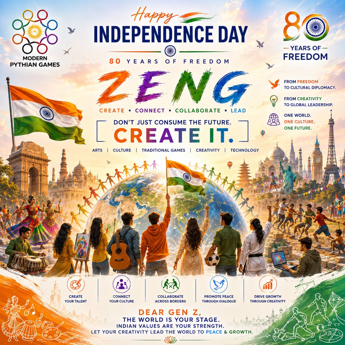 GamesPythian's tweet photo. 🇮🇳 80 Years of Freedom. A New Generation. A New Possibility.

From Freedom → to Cultural Diplomacy → to Global Leadership.

🌏 One World. One Culture. One Future.

🇮🇳 Happy Independence Day  

#IndependenceDay #80YearsOfFreedom #GenZ #CreativeEconomy #CreativeIndia https://t.co/SYAqvds6U4