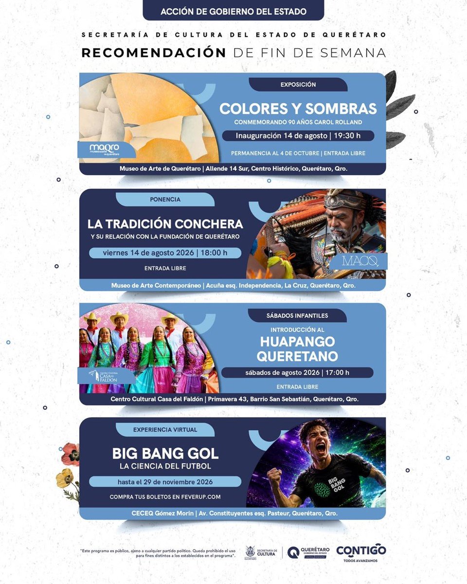 gobqro's tweet photo. ✨ Este fin de semana, Querétaro se llena de arte, tradición y nuevas experiencias.

🎨 Descubre exposiciones, conoce más sobre nuestras raíces, disfruta del huapango queretano y vive la ciencia del fútbol con Big Bang Gol. ⚽️

📍 Consulta todos los detalles y arma tu recorrido cultural. ¡Hay mucho por descubrir! 💙

#AquíContigo
