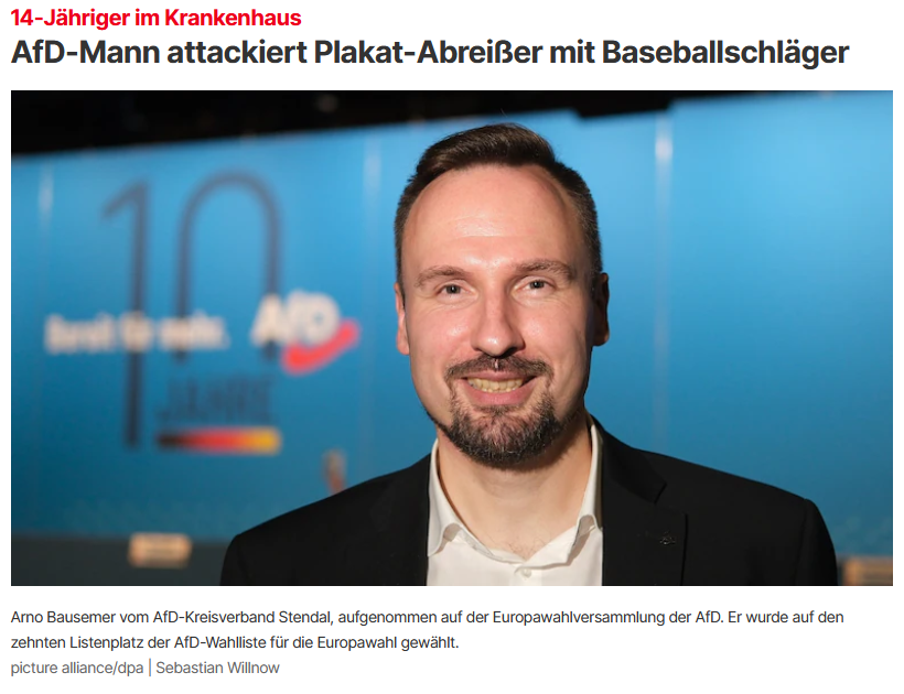 PeterBorbe's tweet photo. Bei jeder Wahl in Deutschland wiederholt es sich: AfD-Plakate werden abgerissen, zerstört, verschleppt. Die Anzeigen gegen Unbekannt verlaufen in der Regel im Sande. Nun wollte ein AfD-Europaabgeordneter die Sache selbst in die Hand nehmen und lauerte den Linksradikalen auf, die sich an den Plakaten zu schaffen machen. Die Situation eskalierte, einer der demokratiefeindlichen Bengel wurde dabei verletzt.
Jetzt ist wieder der AfD-Mann der Täter. Darüber, dass Linksextremisten systematisch im ganzen Land durch Plakatzerstörungen die Demokratie sabotieren, spricht aber niemand.
https://t.co/xZKCLTw4VE