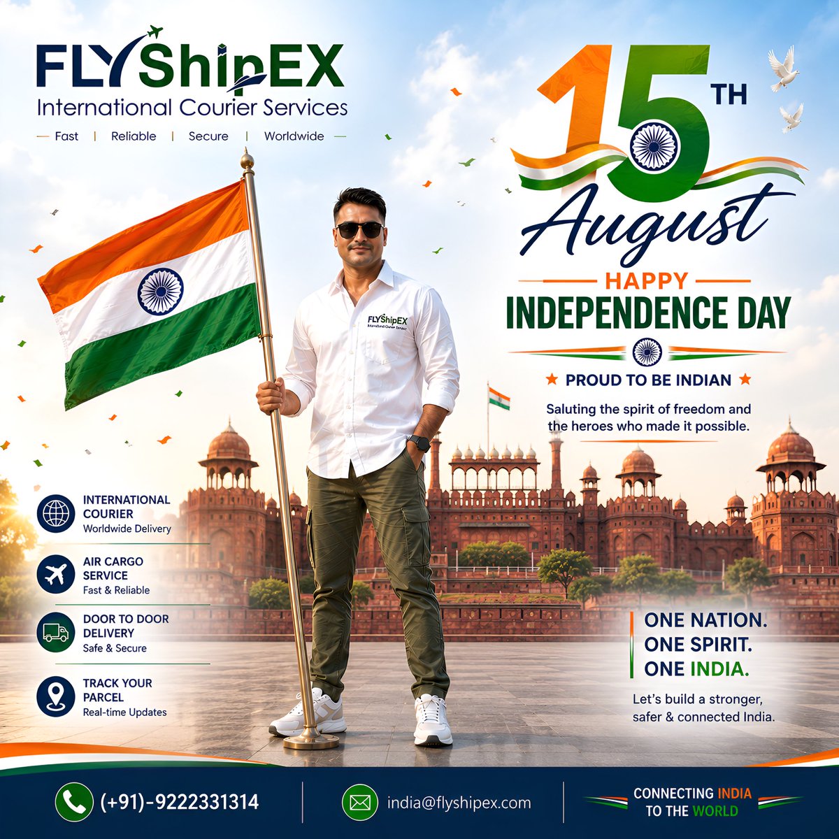 ramchandrasukla's tweet photo. 🇮🇳 Proud to serve. Proud to be Indian. Happy Independence Day! FlyShipEX is committed to connecting India to the world with fast, secure &amp; reliable international courier services. #HappyIndependenceDay #India #FlyShipEX #InternationalCourier #Logistics #स्वतंत्रता_दिवस https://t.co/GoJZzstgoG