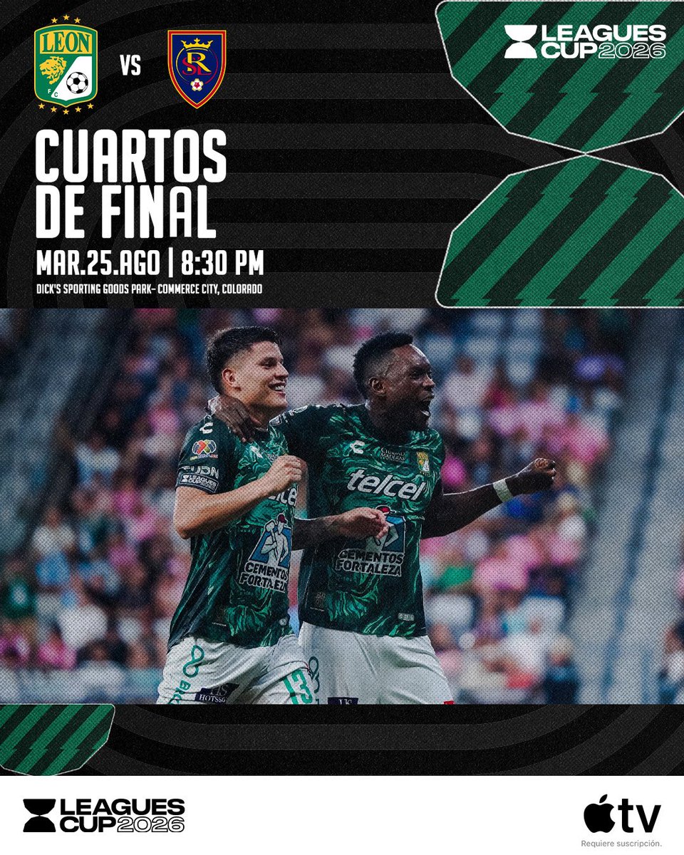 clubleonfc's tweet photo. ¡A GANAR! 💚 

El próximo 25 de Agosto jugaremos los #4tosDeFinal de @LeaguesCup 🏆 🆚 @realsaltlake 👑.

¡Nos vemos en Colorado! 🇺🇸

Boletos próximamente 🎟️ 📲 https://t.co/PUeI4aKrKf https://t.co/n57rk1F9MP