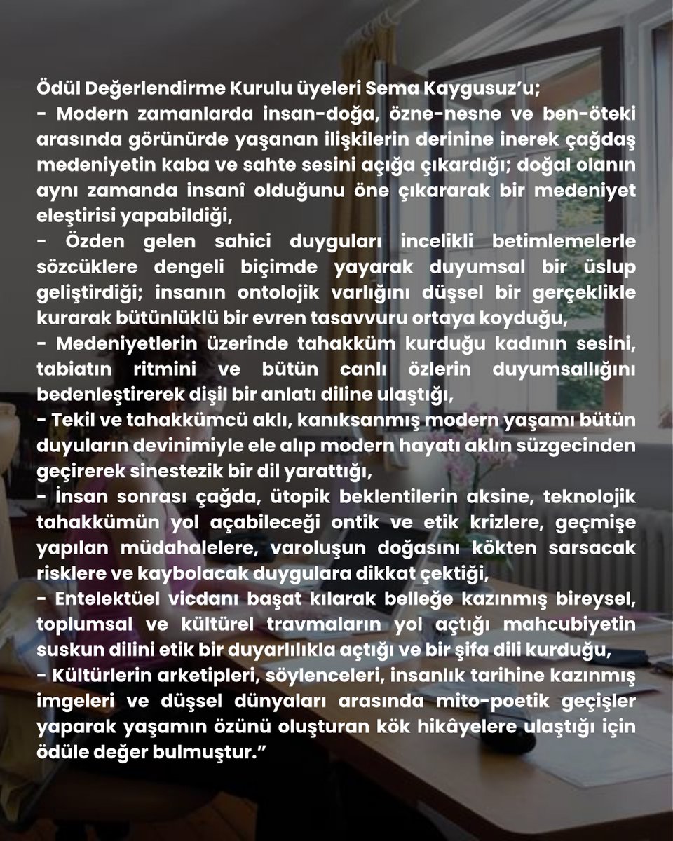 thetarshasun's tweet photo. Mersin Kenti Edebiyat Ödülü’nün bu yıl ki sahibi çağdaş edebiyatın güçlü kalemlerinden Sema Kaygusuz oldu

Ayrıntılar: https://t.co/hBKq9dISDj

@KaygusuzSema
@mersintso https://t.co/L4X427AhNS