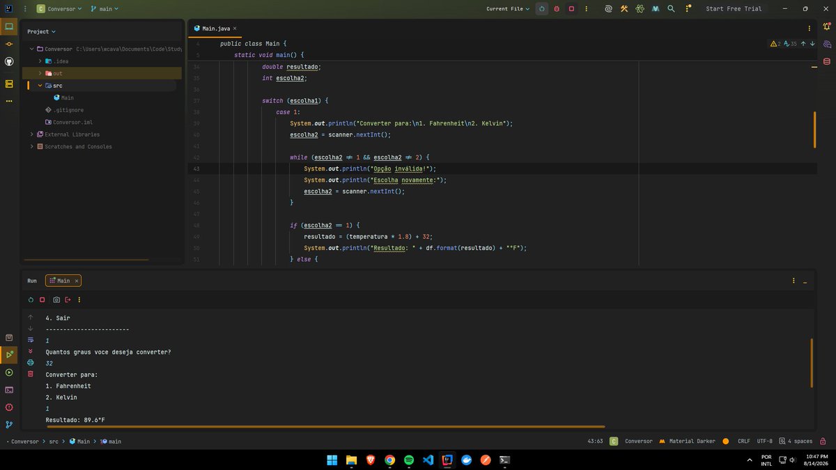 AkiroSet's tweet photo. Desafio de estudo e código 2/100

Hoje continuei estudando as bases de Java e fiz um conversor de temperaturas. Parece um projeto simples, mas foi bom pra fortalecer minha logica e praticar switch, while, validação de entradas e principalmente entender melhor o fluxo do programa. https://t.co/BCYkkhmJVH