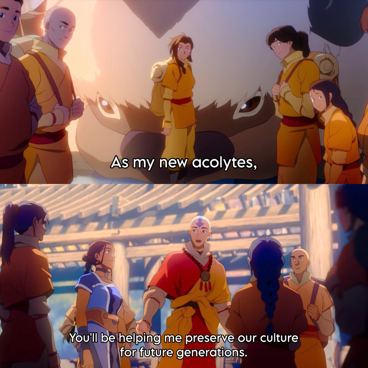 dailykataang's tweet photo. so grateful that the movie retconned the way the air acolytes were established. kallik and other non-benders becoming air acolytes makes way more thematic sense than the acolytes forming from a fanclub that disrespected katara and appropriated aang’s tattoos. https://t.co/7FUDYBSxVP