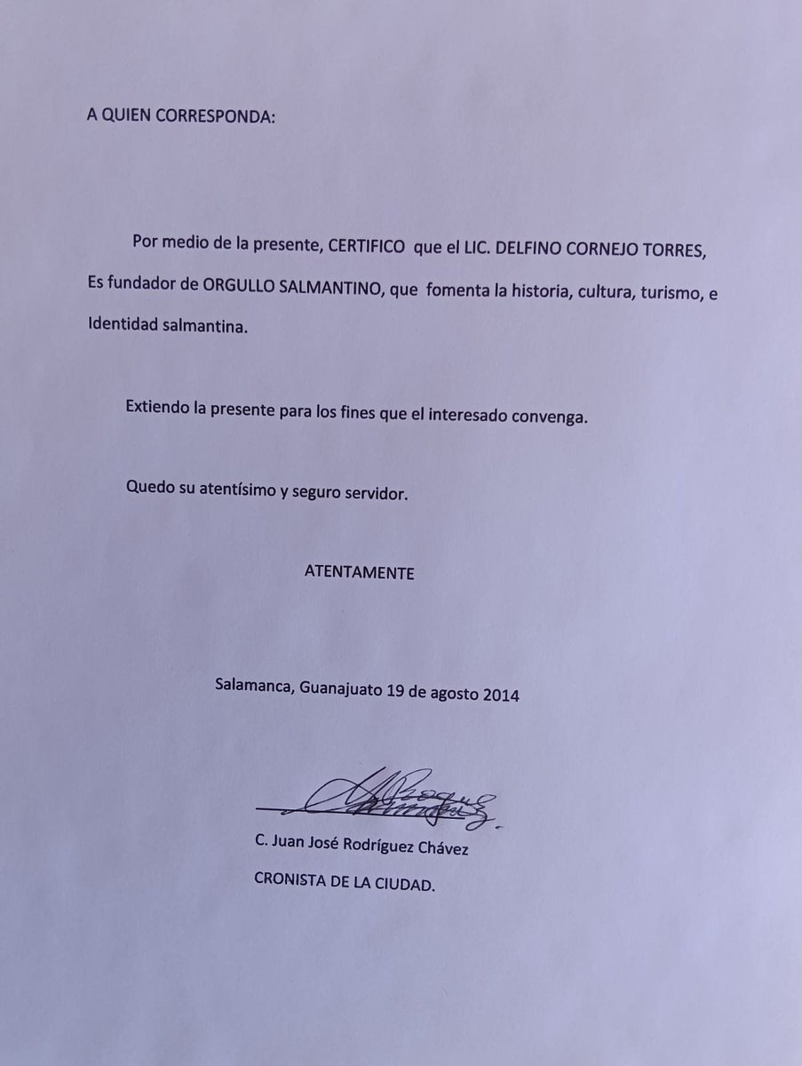 Orgullomexicoof's tweet photo. "Carta del Cronista de Salamanca que acredita al Lic. Delfino Cornejo Torres como Fundador del Orgullo Salmantino" https://t.co/6FZlYCYjZM