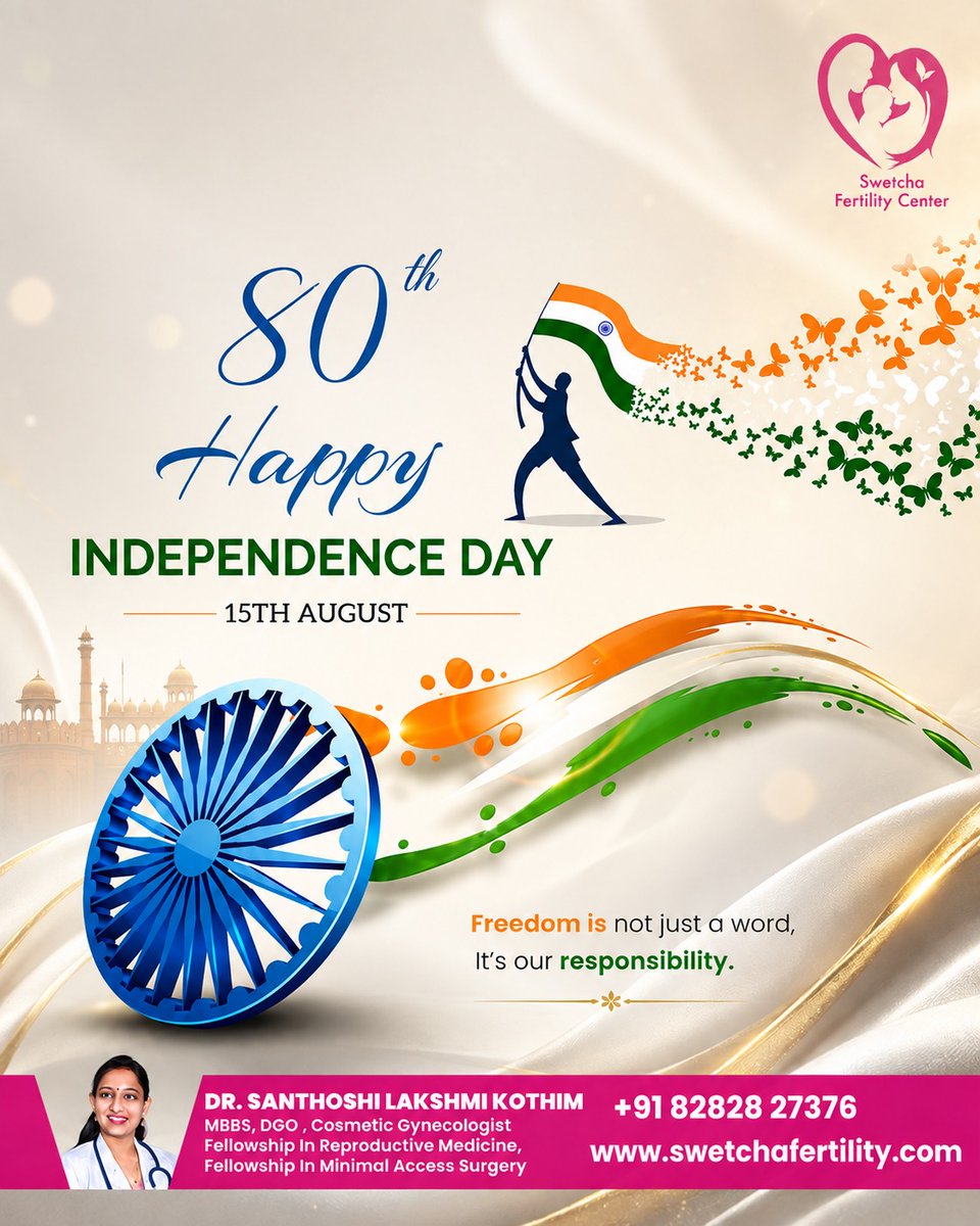 SwetchaHospital's tweet photo. 🇮🇳✨ Celebrating 80 Years of Freedom, Unity &amp; Responsibility! ✨🇮🇳

Freedom is not just a word — it’s our responsibility. ❤️🤍💚

This Independence Day, Swetcha Fertility Center proudly celebrates the spirit of India and the values of hope, unity, courage, and progress. https://t.co/r2FvHGghF0