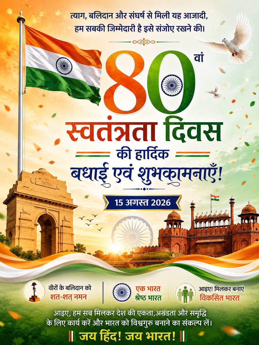 vinaykumar3197's tweet photo. 🇮🇳 80वें स्वतंत्रता दिवस की हार्दिक बधाई एवं शुभकामनाएँ! 🇮🇳

वीरों के बलिदान को शत-शत नमन।
आइए, एकता, अखंडता और समृद्धि के साथ विकसित भारत के निर्माण का संकल्प लें।
जय हिंद! 🇮🇳 जय भारत! 🙏 https://t.co/6FElVsAzQA