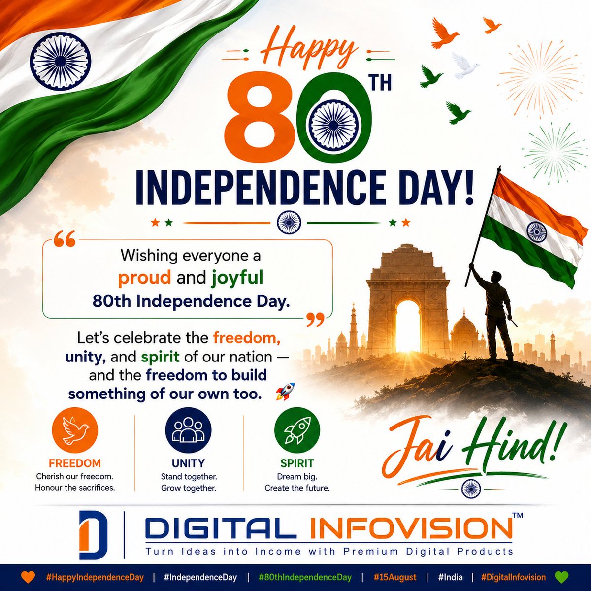 arunkinsights's tweet photo. "Happy Independence Day! 🇮🇳

Wishing everyone a proud and joyful 80th Independence Day. Let's celebrate the freedom, unity, and spirit of our nation 
Jai Hind!

#HappyIndependenceDay #IndependenceDay #15August #India #DigitalInfovision"
#15August https://t.co/vvqdbYamaN