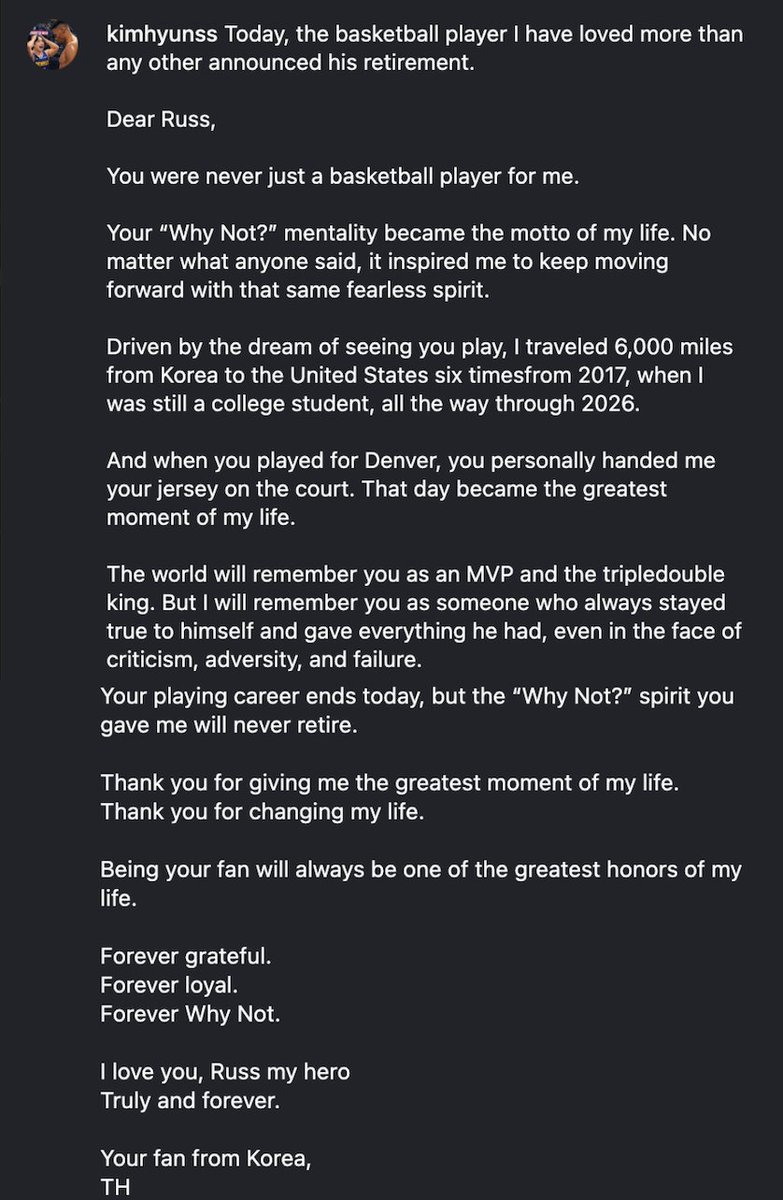 DNVR_Nuggets's tweet photo. Awesome Russell Westbrook tribute from superfan Taehyun Kim, who traveled 6,000 miles to watch him play 🫶🏀

"When you played for Denver, you personally handed me your jersey on the court. That day became the greatest moment of my life." - @kimhyunss on IG https://t.co/htWb9UHOIT
