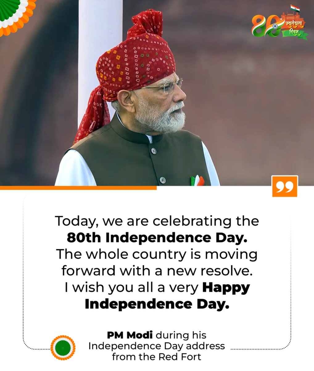 BJP4India's tweet photo. Today, we are celebrating the 80th Independence Day. 
The whole country is moving forward with a new resolve. 

I wish you all a very Happy Independence Day.

- PM @narendramodi 

#IndiaIndependenceDay https://t.co/BkwYFAWIq2