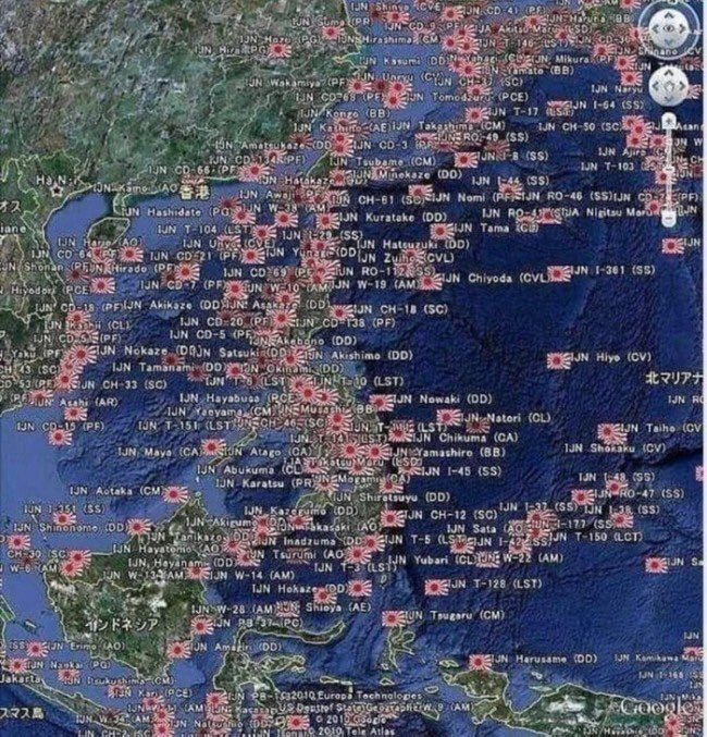 ppsh41_1945's tweet photo. 太平洋戦争中に撃沈された日本海軍艦艇と場所を表した地図。

今日は8月15日の終戦記念日ですし、太平洋戦争で亡くなった人達全てに黙祷を捧げます。 https://t.co/keFefA0oxh
