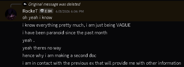 roockrtarchive's tweet photo. Additional screenshots provided by the aforementioned mutual friend of Unkn0wingly and RockeT, showing that they were indeed the creator/host of the doc despite RockeT's attempts to downplay themselves as simply part of a larger attempt to harm Unkn0wingly. https://t.co/zEOSrRmXT6