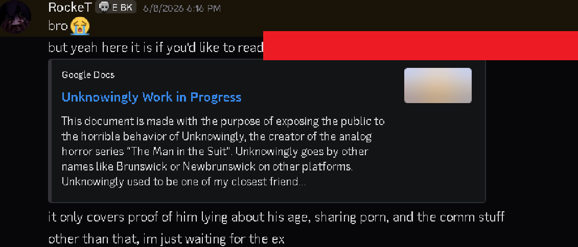 roockrtarchive's tweet photo. Additional screenshots provided by the aforementioned mutual friend of Unkn0wingly and RockeT, showing that they were indeed the creator/host of the doc despite RockeT's attempts to downplay themselves as simply part of a larger attempt to harm Unkn0wingly. https://t.co/zEOSrRmXT6