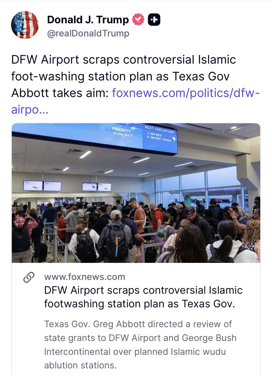 BreannaMorello's tweet photo. 🚨JUST POSTED🚨

President Donald Trump shares the news that DFW has cancelled its proposed Islamic “Wudu” foot-washing stations.

He understands the issue, hopefully he begins helping DFW out before our beautiful community is conquered. https://t.co/T90L7RQqvb