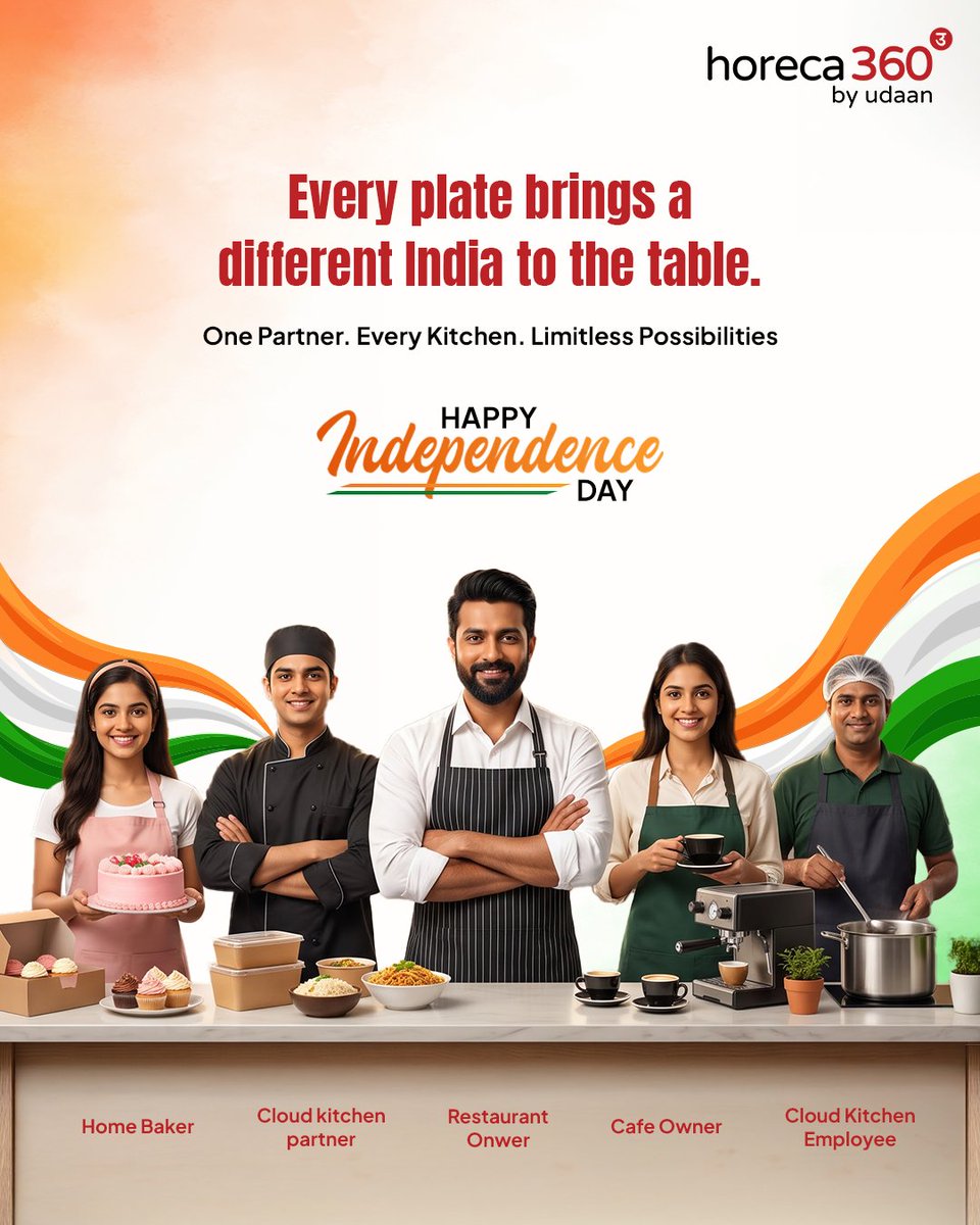 horeca360udaan's tweet photo. This Independence Day, we celebrate the people behind these kitchens and the countless possibilities they create every day.

Here’s to the flavours, people and businesses that make India truly one of a kind. 🇮🇳

#HappyIndependenceDay https://t.co/2NsaDhpIAk