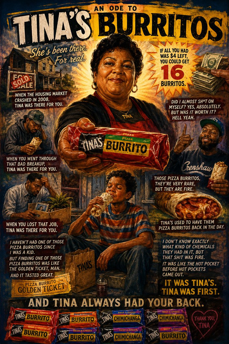 MaxEllis702's tweet photo. The Burrito That Never Left You

When life kicked your ass, Tina was there.

2008 housing crash? Tina.
Bad breakup? Tina.
Lost your job? Tina.
$4 to your name? 16 burritos.

And then there was the legendary Pizza Burrito—the Golden Ticket of childhood. https://t.co/WmFcAkm1WF
