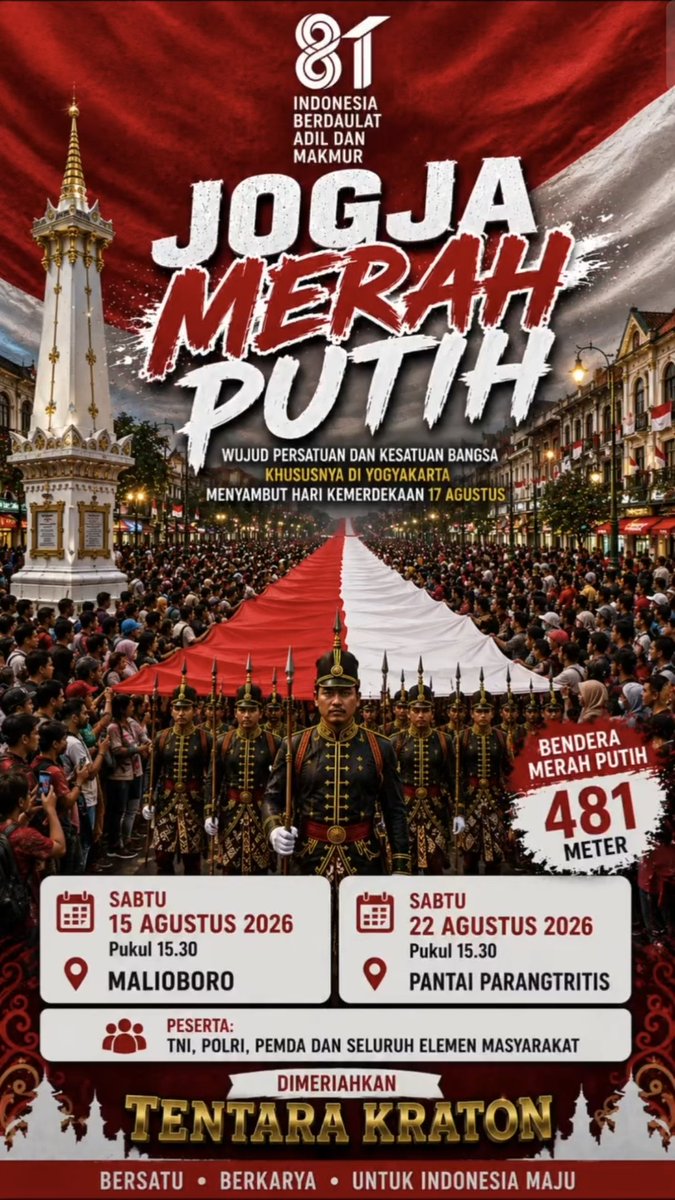txtfromjogja's tweet photo. BENDERA MERAH PUTIH 481 METER??😮
empat ratusss delapan puluh satu meterrrr???😭

kalian tertarik nontonn ntar sore? https://t.co/vDzTiTp9gu