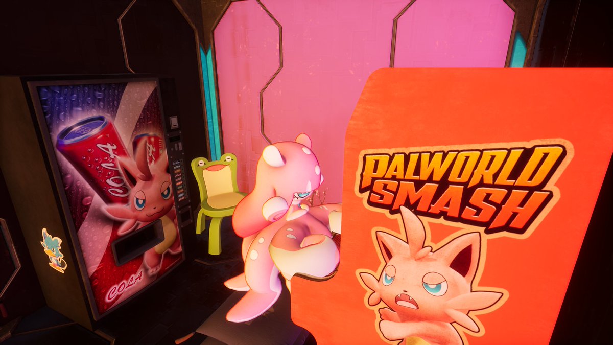 CirrusLyly's tweet photo. Pal a bit too short to reach the joysticks on the arcade cabinet? Stack a few cushions underneath so they can play! Just don't actually call the princess short. She has a temper...🐙🩷
#palworld #gloopie https://t.co/vMRlKX7oxx