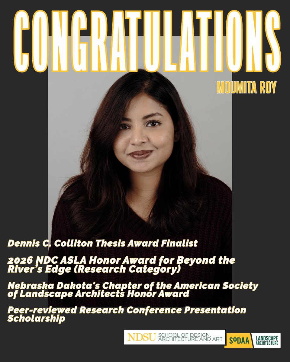 sodaamla's tweet photo. Celebrating Excellence 🎉

Congratulations to Moumita Roy on her incredible achievements in her MLA journey! 🌟 Your hard work and dedication inspire us all. Cheers to more success ahead!

#LandscapeArchitecture #Achievements #Inspiration #ladrem #cas #ndsu #oneherd #ASLA https://t.co/aWzSdwjCKC