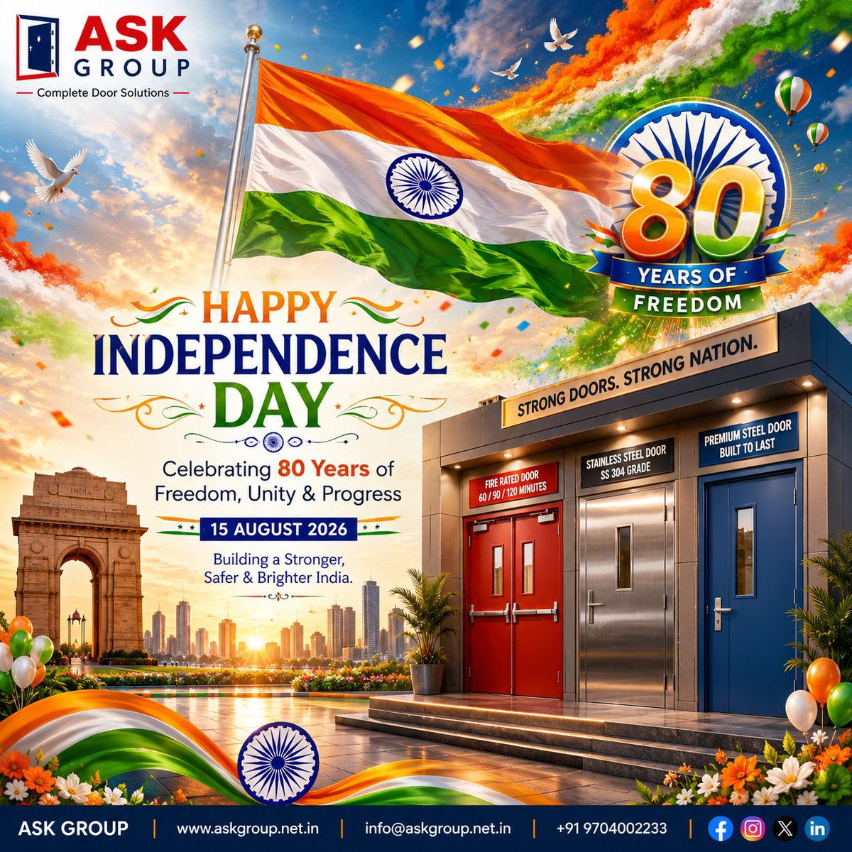 askgroupdoors's tweet photo. 🇮🇳 Celebrating the spirit of freedom, unity & progress.
This Independence Day, ASK GROUP proudly salutes the nation and its journey towards a stronger, safer India.
Happy Independence Day! 🇮🇳
#IndependenceDay #ASKGROUP #15August #ProudIndian #StrongerIndia https://t.co/ilRx77ckAN
