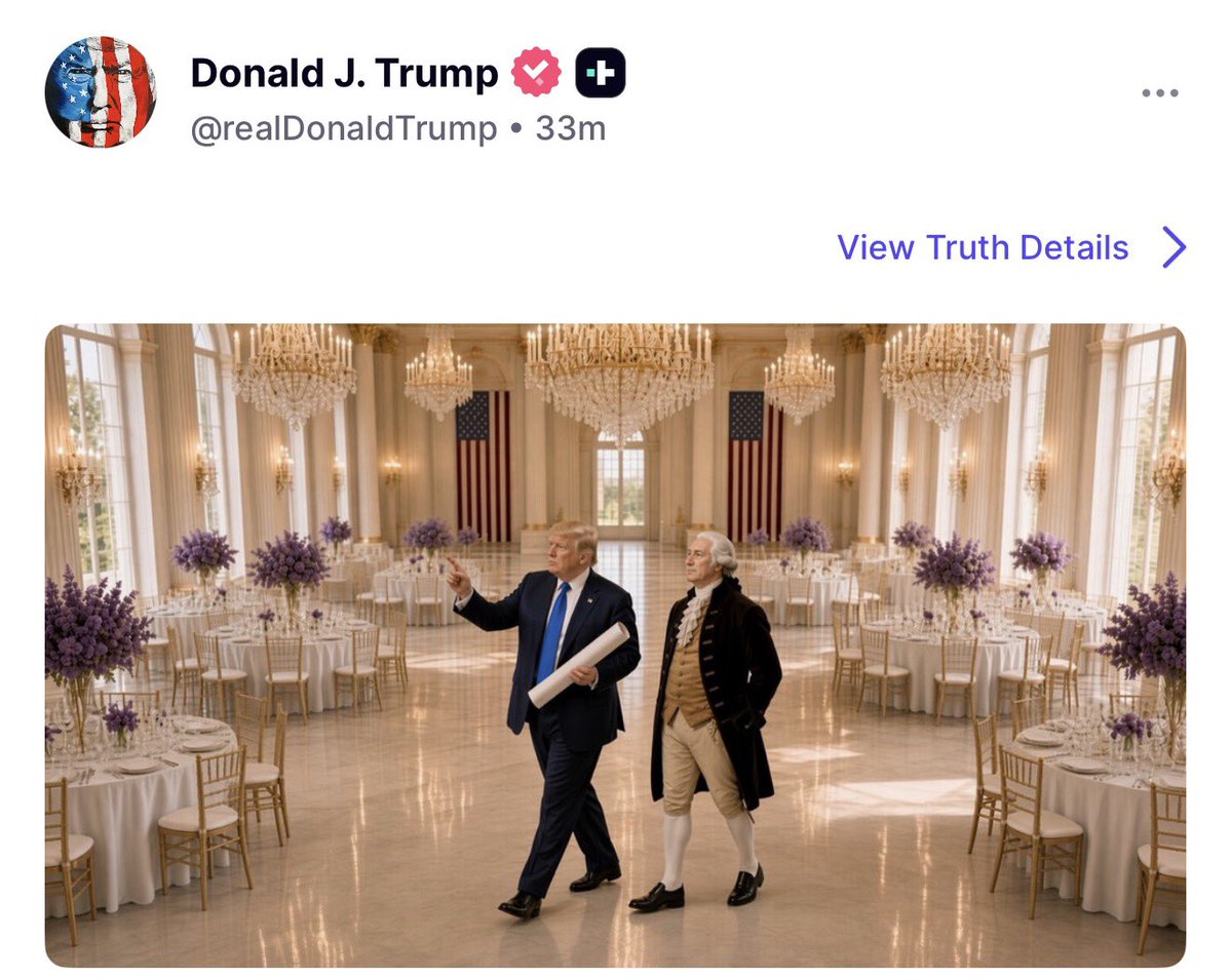 GuntherEagleman's tweet photo. 🚨 EPIC! Trump just posted this photo of him giving George Washington a tour of the new Ballroom. 

George Washington would be all for it! 

2 of the GOAT’s https://t.co/1BTP9LNOlV