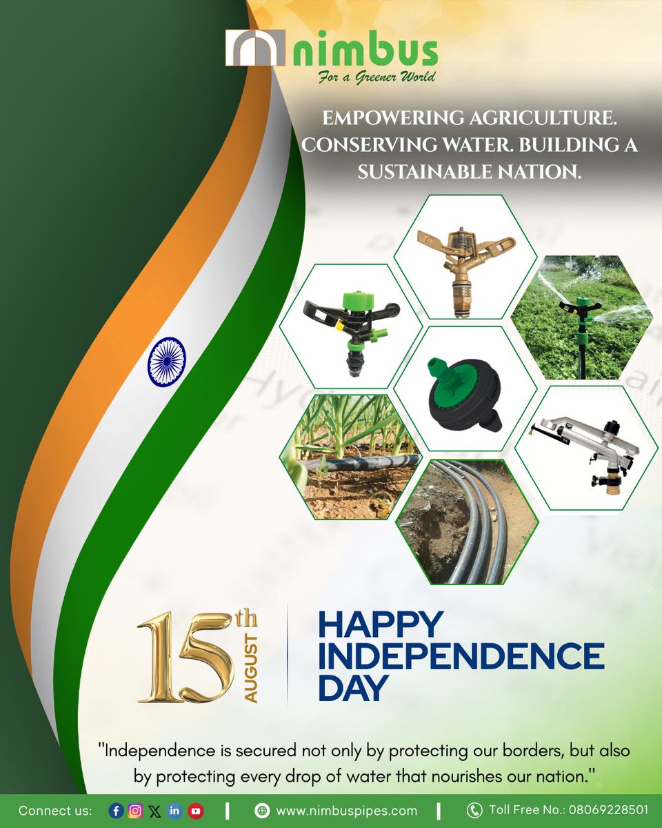NimbusPipesLtd's tweet photo. हर बूंद बचाएँ • हर खेत सशक्त बनाएँ • भारत को समृद्ध बनाएँ 🌱💧
Nimbus की ओर से स्वतंत्रता दिवस की हार्दिक शुभकामनाएँ।
जय हिंद! 🇮🇳
#IndependenceDay #NimbusPipes #JaiHind #WaterConservation #MicroIrrigation #AtmanirbharBharat https://t.co/aIveHe9PUm