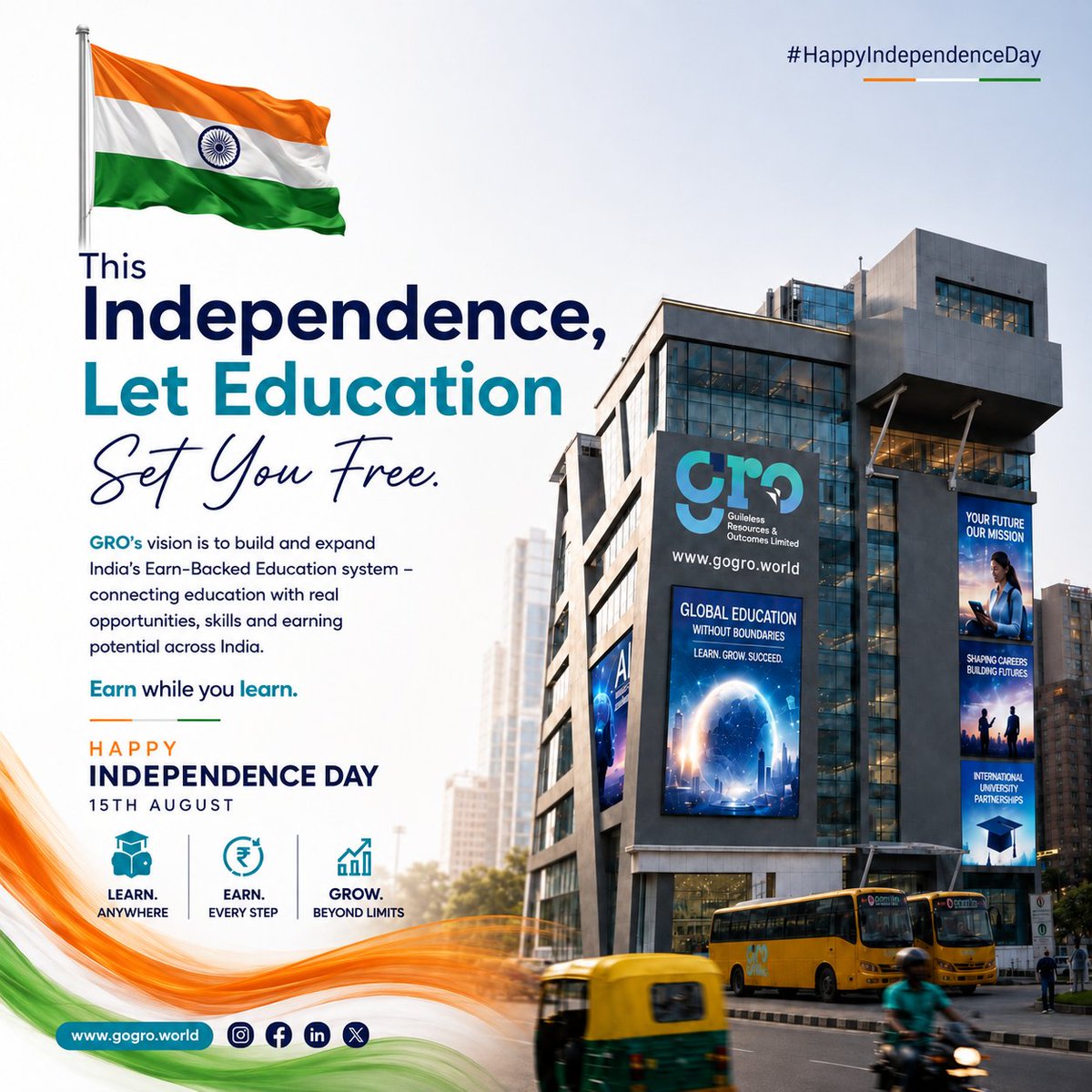 Groeducation's tweet photo. 🇮🇳 This Independence Day, Let Education Set You Free. 🎓

Freedom means having the skills, knowledge &amp; opportunities to build your future.

🎓 Learn.
💼 Earn.
🚀 Grow.

Happy Independence Day! 🇮🇳

#IndependenceDay #GRO #Education #EarnWhileYouLearn #LearnEarnGrow https://t.co/Gz1pyz67bR
