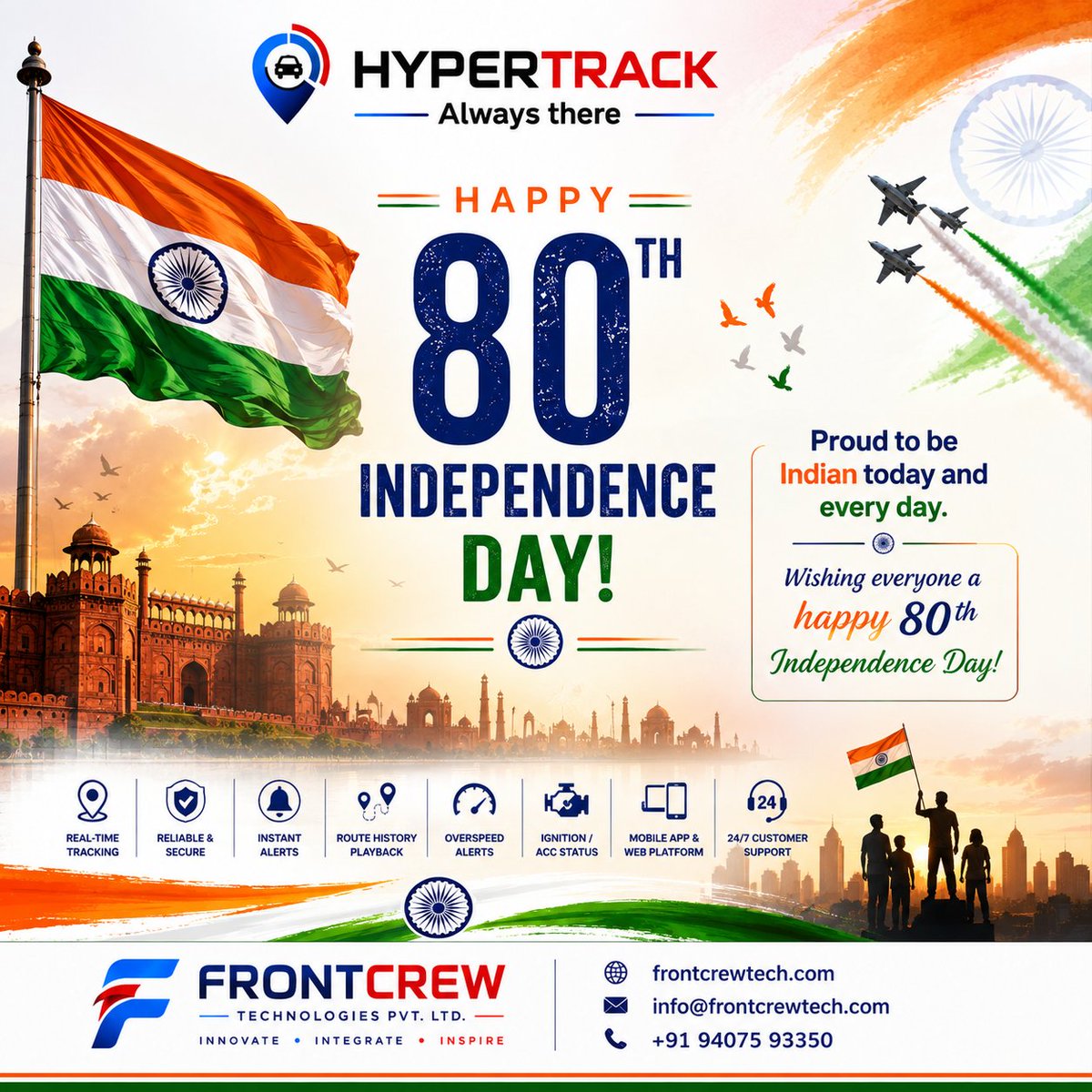 HyperTrackIndia's tweet photo. 🇮🇳 INDIA MOVES FORWARD. WE MOVE WITH IT.

🇮🇳 Proud to be Indian today and every day.
Happy 80th Independence Day!

🌐 https://t.co/adRZF3dzGa

#IndependenceDay2026 #80thIndependenceDay #ProudToBeIndian #HyperTrack #GPSTracking #VehicleTracking #Telematics #SmartIndia #JaiHind https://t.co/VNSAru4bH9