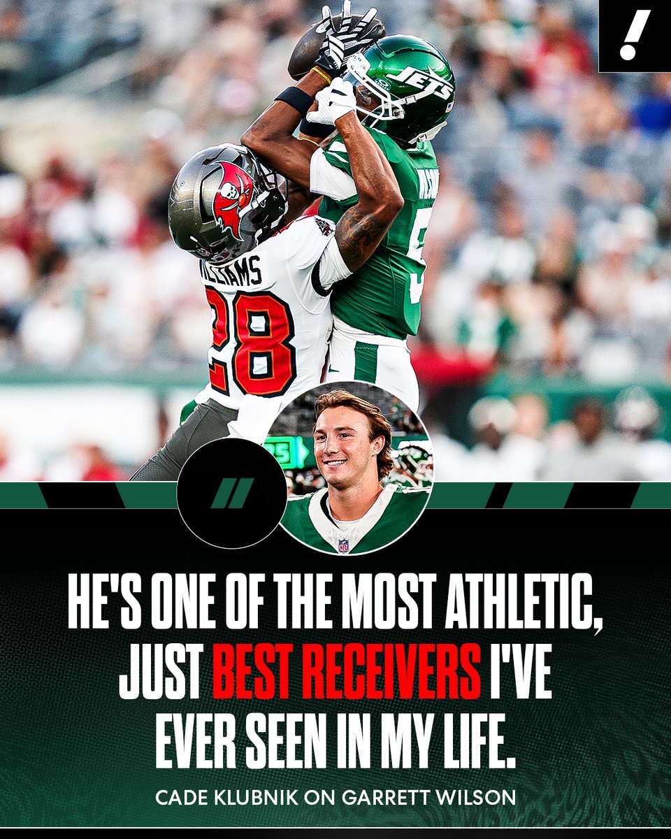 YahooSports's tweet photo. Jets rookie QB Cade Klubnik showed love to Garrett Wilson after sharing the field for the first time 💯 https://t.co/EqX2XY9fjI