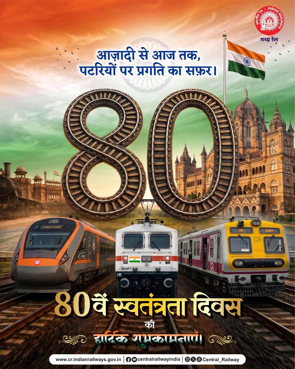 GM_CRly's tweet photo. भारतीय रेल की गौरवशाली यात्रा, देश की तरक्की और आत्मनिर्भर भारत के संकल्प को समर्पित।
80वें स्वतंत्रता दिवस के इस पावन अवसर पर राष्ट्र की सेवा में निरंतर अग्रसर भारतीय रेल को नमन।

स्वतंत्रता दिवस की हार्दिक शुभकामनाएँ!

#CentralRailway  #HarGharTiranga  #RailwaysOfIndia https://t.co/qGdJjDLlgx