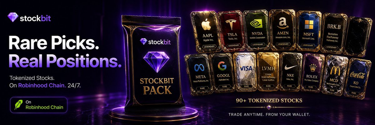 StockBitNews's tweet photo. Rare Picks. Real Positions.

Discover premium Stockbit Packs featuring tokenized positions across 90+ global stocks.

Different stocks. Different possibilities.
One onchain experience.

Built on Robinhood Chain. Available 24/7.

https://t.co/sbMbZ2EInF https://t.co/caiO7U7YM4