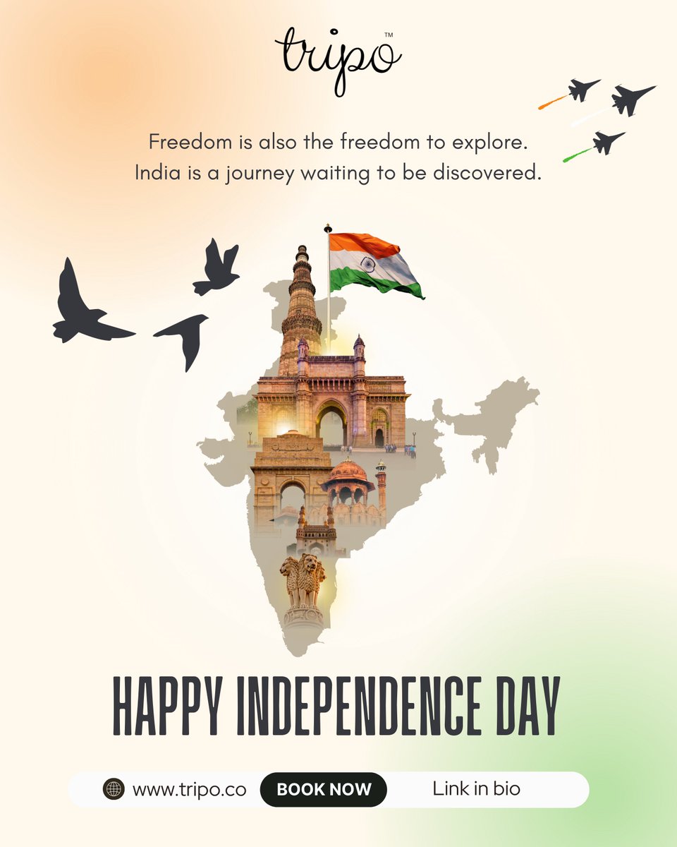 tripoHQ's tweet photo. 🇮🇳 Freedom to dream. Freedom to explore. Freedom to go further.

This Independence Day, let's celebrate the incredible spirit, diversity &amp; unity of India. ❤️

Happy Independence Day! 🇮🇳

🌐 https://t.co/k0JJoww9tu https://t.co/MZguxvTpIL